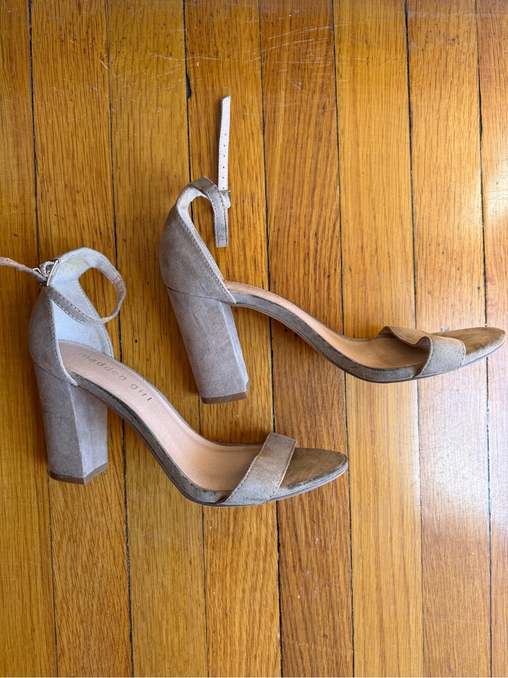 Madden Girl Taupe Suede Ankle Strap Block Heels